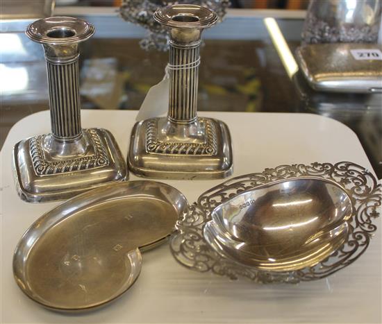 Pair silver corinthian column dwarf candlesticks, pair silver kidney-shaped dishes & a pierced silver oval dish